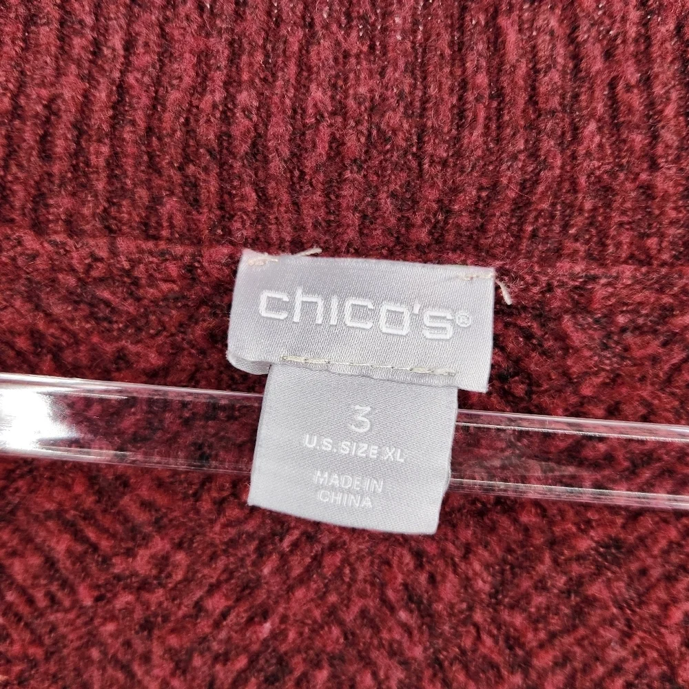 Chicos 3 Long Sleeve V Neck Sweater Womens Size XL Red Herringbone Textured